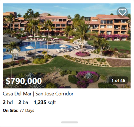 Affordable Casa Del Mar condo in San Jose Corridor real estate with lush gardens and resort pools
